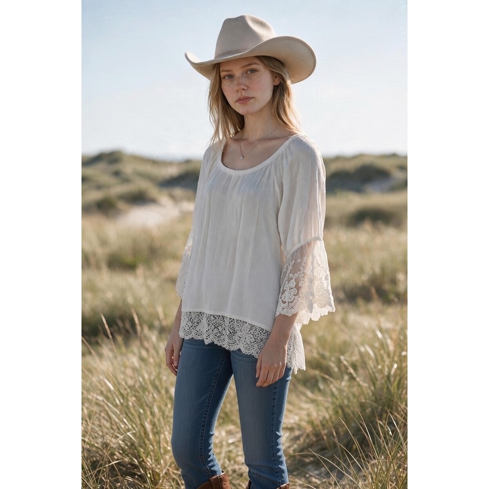Wrangler Womens Boho Lace Bell Sleeve Blouse Cream Western LW7311N Size L